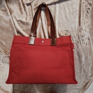 Dooney & Bourke Rachel Medium Red Canvas Brown Leather Handle Tote